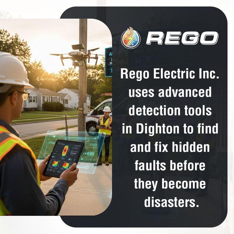 Electrical technician using advanced detection tools and tablet to identify hidden electrical faults, demonstrating Rego Electric Inc. services in Dighton, MA.