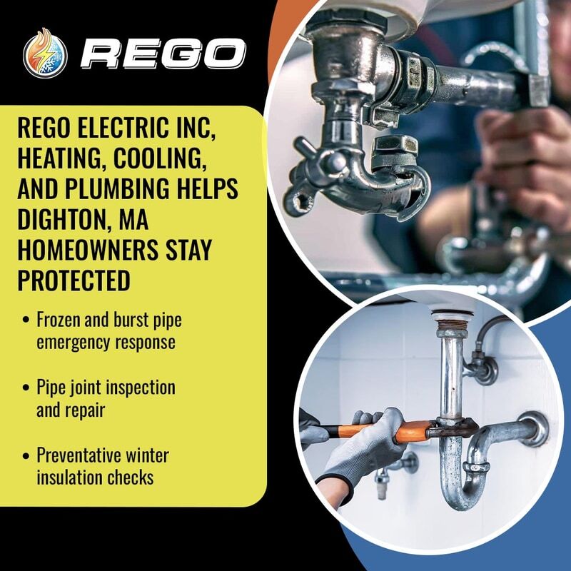 Close-up of plumbing maintenance showing pipe joint inspection and winter insulation checks to prevent burst pipes in Dighton homes.