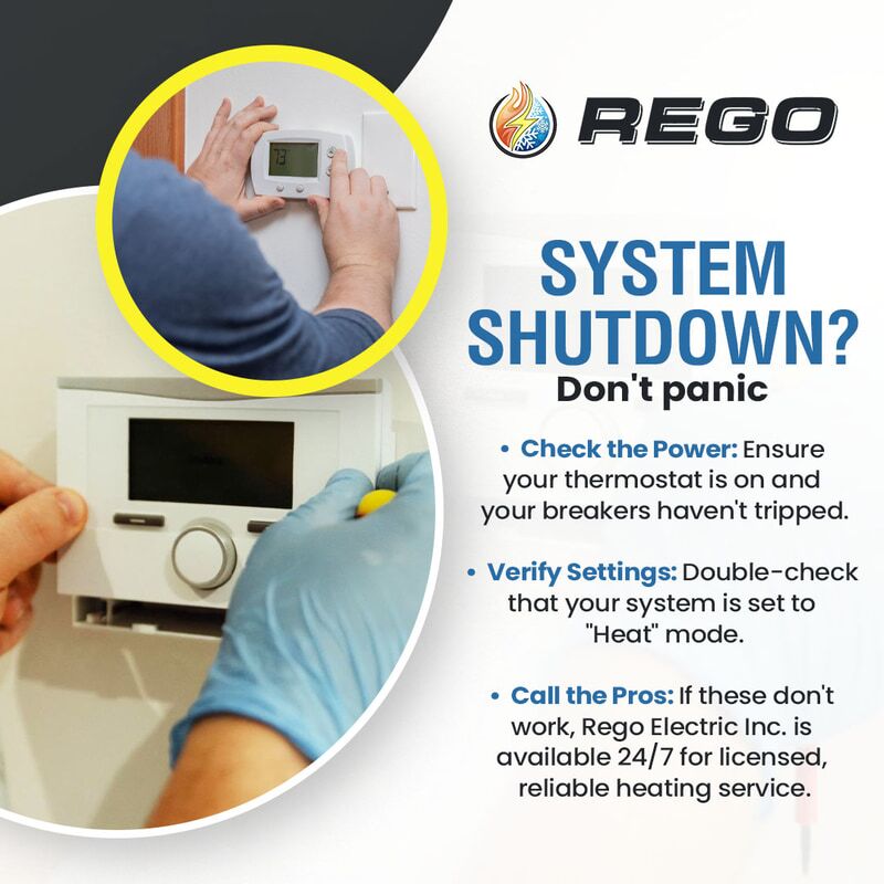 Technician checking and adjusting a wall thermostat during heating system troubleshooting, with tips for system shutdown from Rego Electric Inc. in Dighton, MA.
