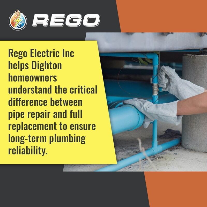 A technician wearing protective work gloves adjusting a valve on a blue plumbing pipe system, illustrating Rego Electric Inc’s pipe repair and replacement services for Dighton homeowners.